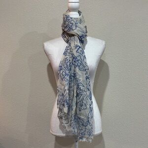 John Robshaw Blue & White Print Scarf, Sheer and Lightweight, with Frayed Edges